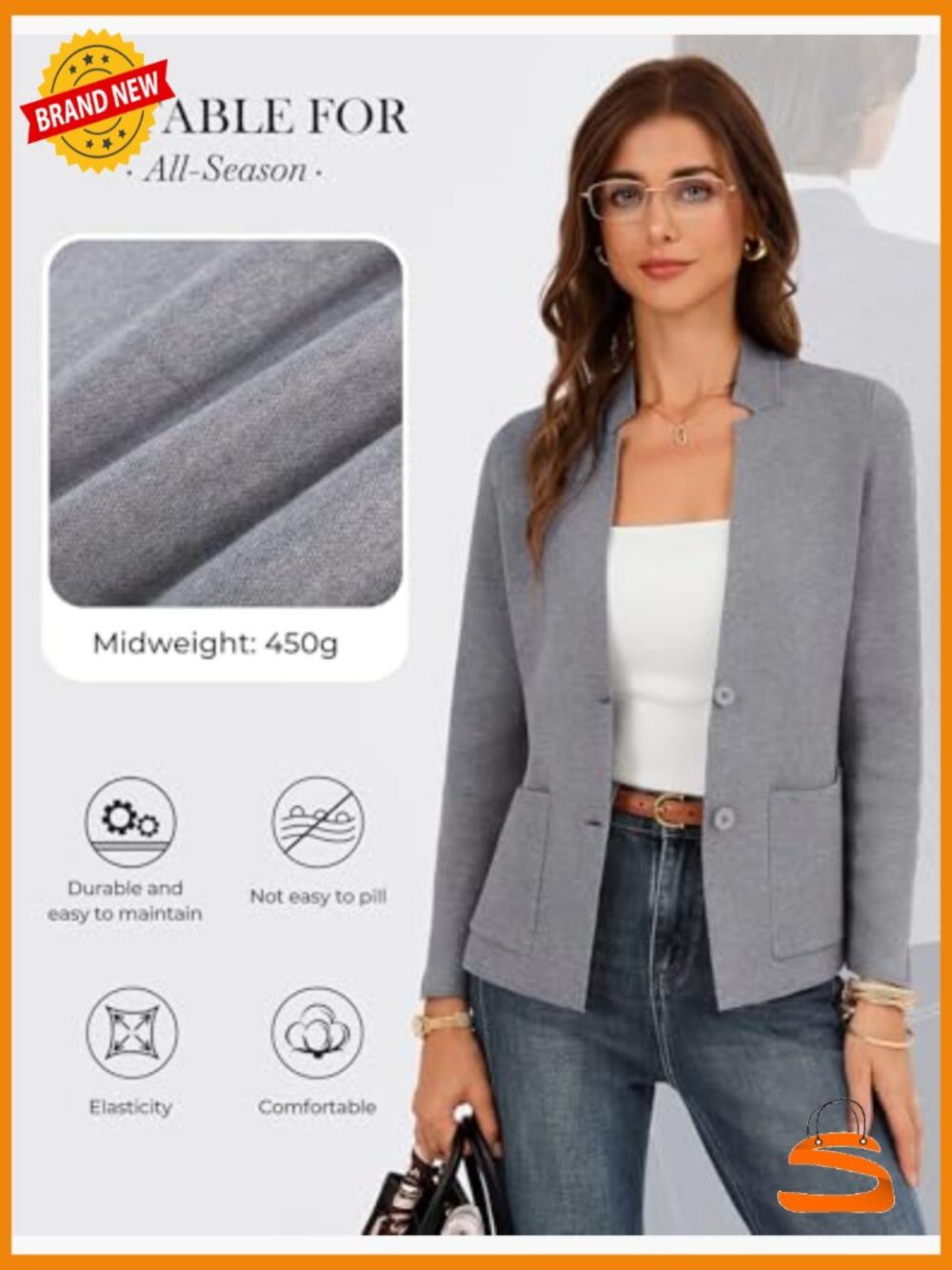 Sweater Blazer Knit Cardigan Business Casual Work Suit Jacket with Pockets - Picture 3 of 7